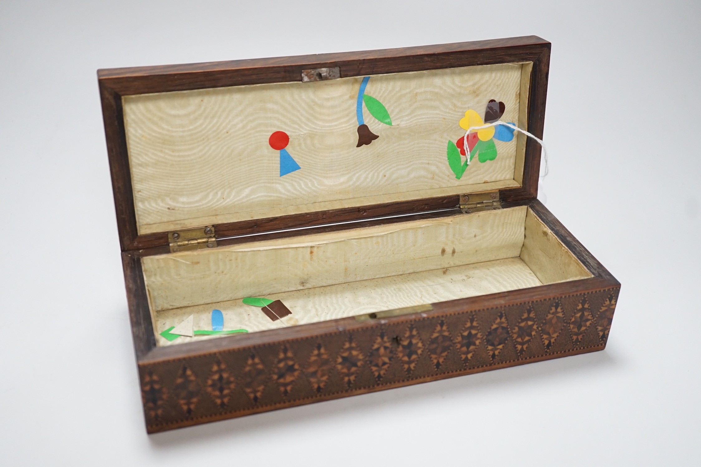 A Tunbridge ware rosewood half square mosaic and butterfly mosaic glove box, c.1830-50, 24cms wide x 6.5 high